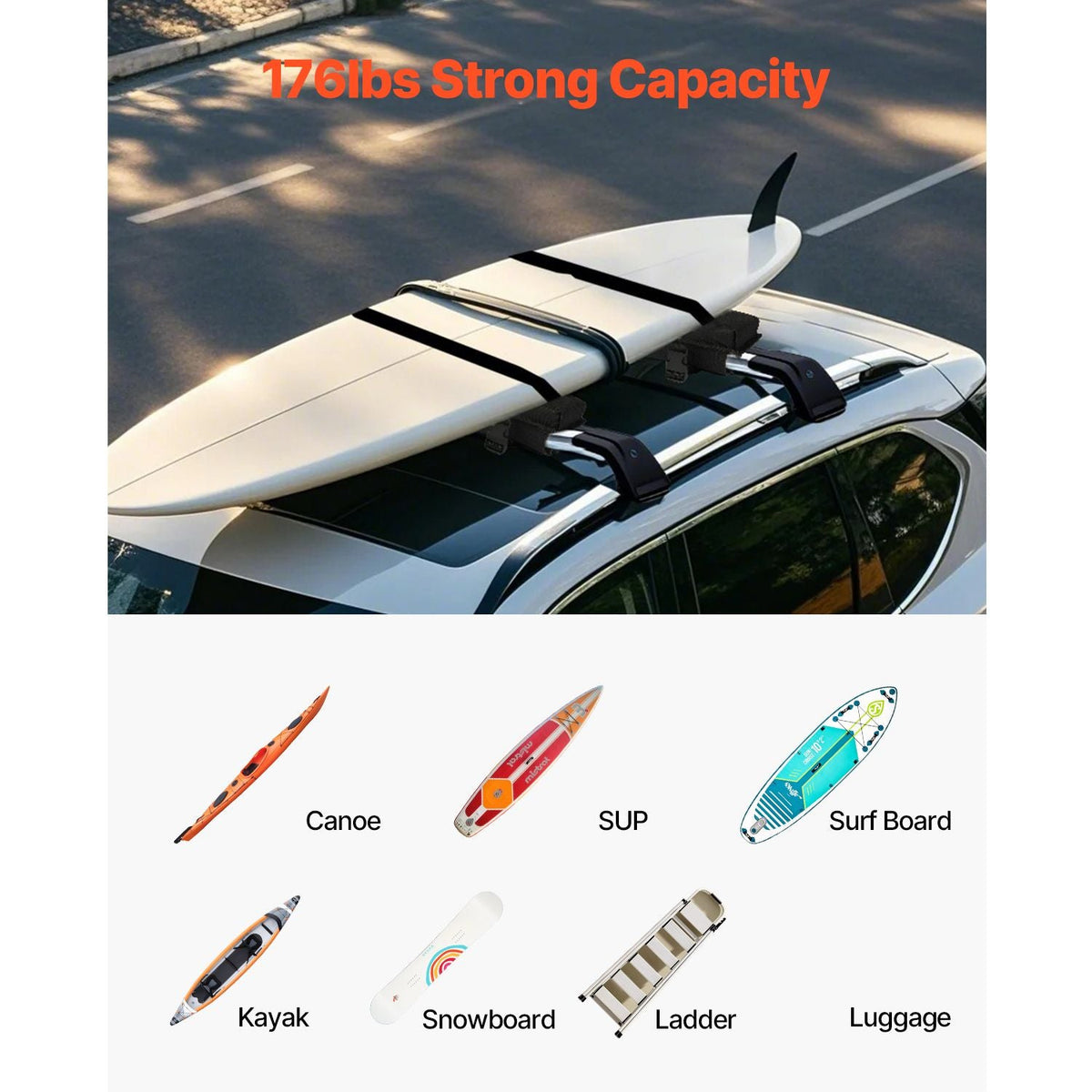 Soft Roof Rack Pads, 30" Universal Car Roof Rack Pad for Various Crossbars, 176LBS Loading Luggage Kayak Carrier with 2 Tie Down Straps, 2 Quick Loop Straps & Storage Bag for SUP Canoe Snowboard