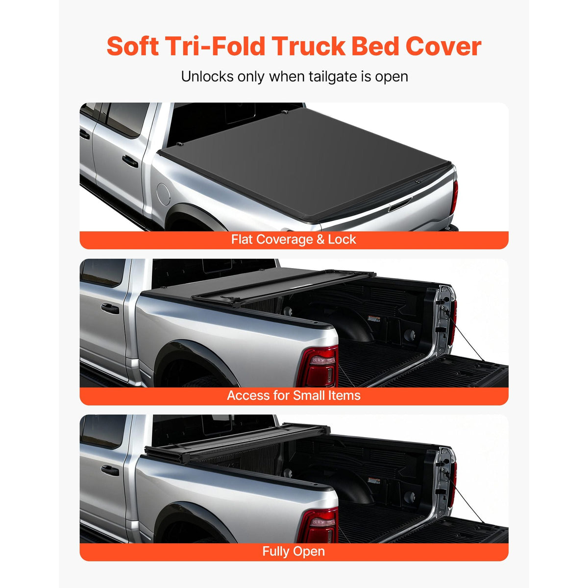 Soft Tri-Fold Truck Bed Tonneau Cover, Compatible with 2009-2025 Dodge Ram 1500 (Incl. Classic & New) 5.7 ft (67.4 in) Bed, Fleetside Without Rambox, Split Tailgate, and Track System, Waterproof