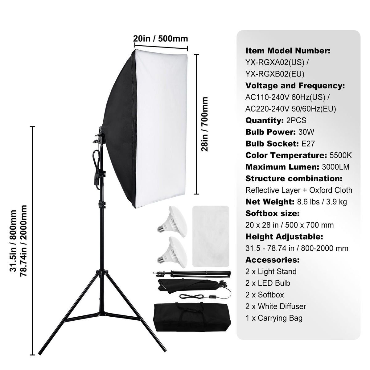 Softbox Lighting Kit, 20" x 28", Professional Softbox with 30W 5500K LED Bulbs, Close to Natural Daylight, Adjustable Tripod Stand, Studio Lights for Photography, Vedio Recording, Live Streaming
