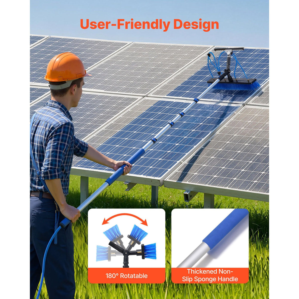 Solar Panel Cleaning Kit, 15 ft, Water Fed Pole Kit with Cleaning Brush, Squeegee, Soap Dispenser, Extendable Aluminum Telescopic Pole, 180° Rotatable Brush Head, for Roof Mounted Solar Panels