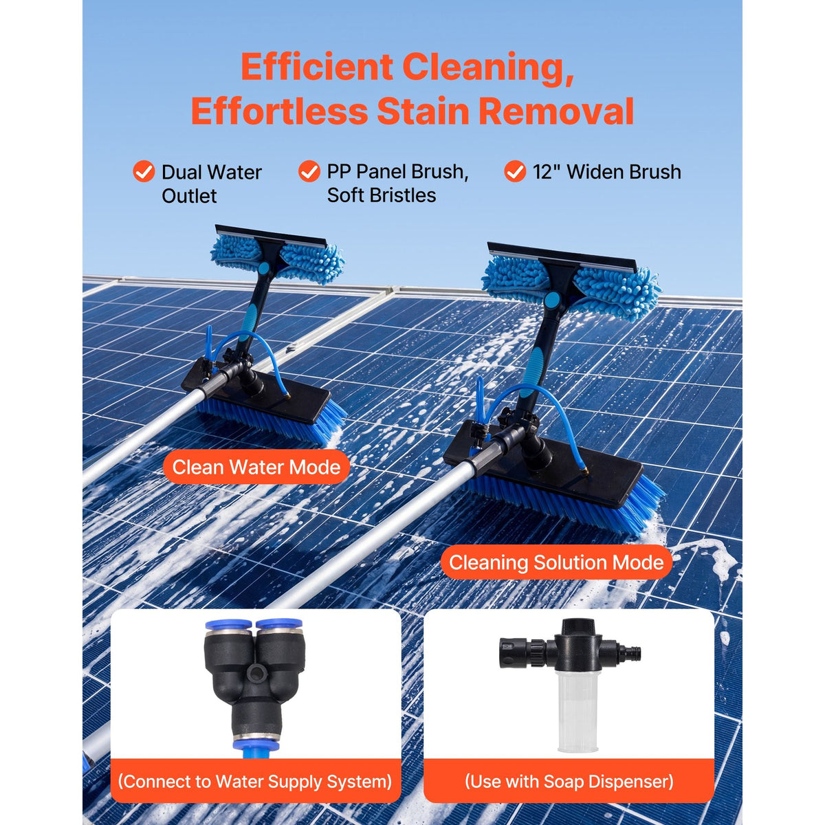 Solar Panel Cleaning Kit, 33 ft, Water Fed Pole Kit with Cleaning Brush, Soap Dispenser, Extendable Aluminum Telescopic Pole, 180° Rotatable Brush Head, for Roof Mounted Solar Panels, Windows