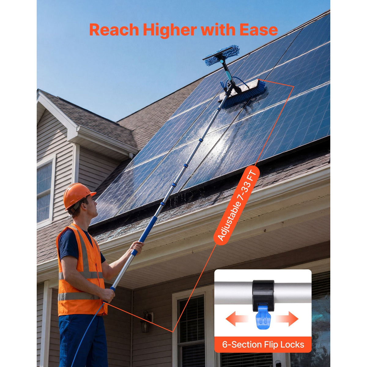 Solar Panel Cleaning Kit, 33 ft, Water Fed Pole Kit with Cleaning Brush, Soap Dispenser, Extendable Aluminum Telescopic Pole, 180° Rotatable Brush Head, for Roof Mounted Solar Panels, Windows
