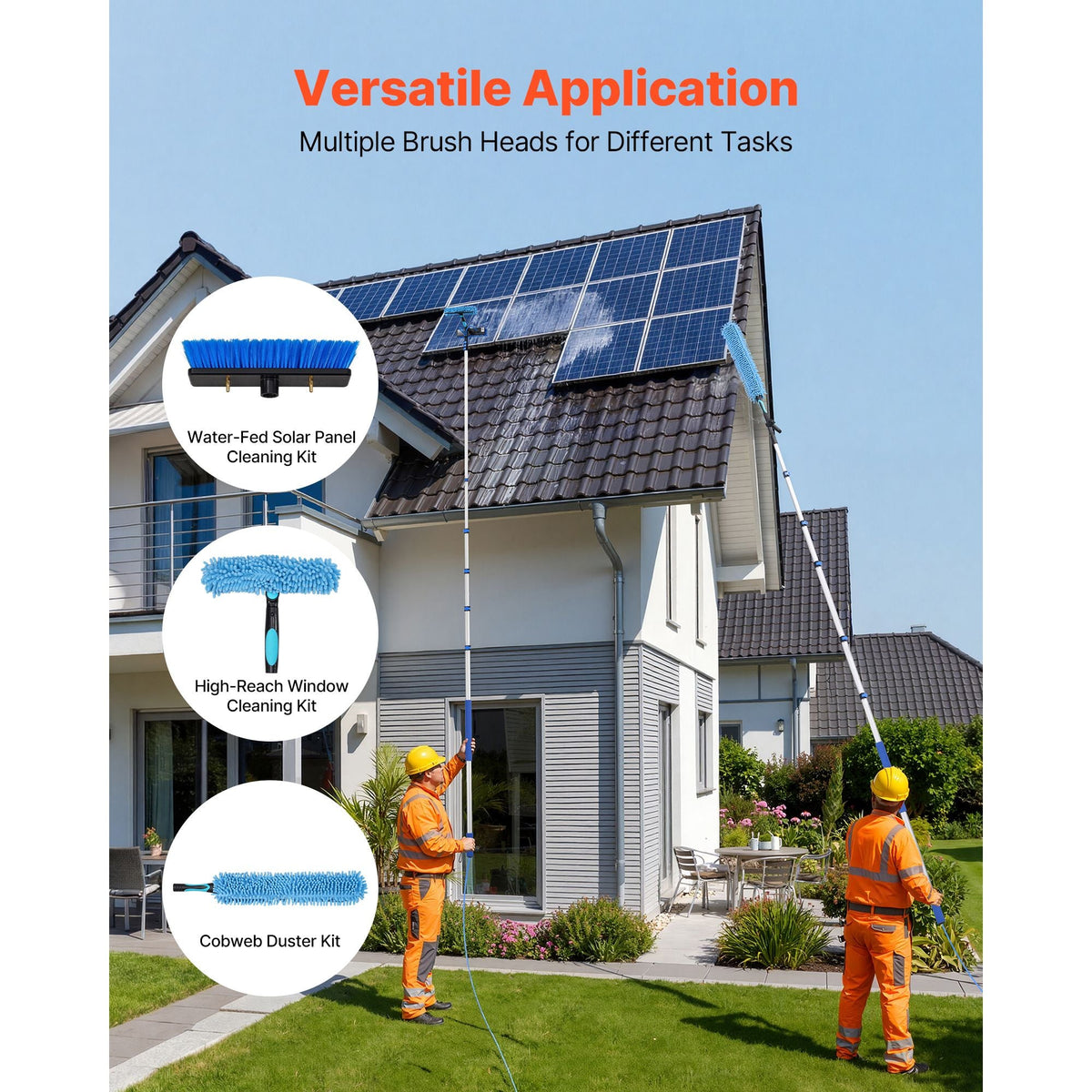 Solar Panel Cleaning Kit, 33 ft, Water Fed Pole Kit with Cleaning Brush, Soap Dispenser, Extendable Aluminum Telescopic Pole, 180° Rotatable Brush Head, for Roof Mounted Solar Panels, Windows