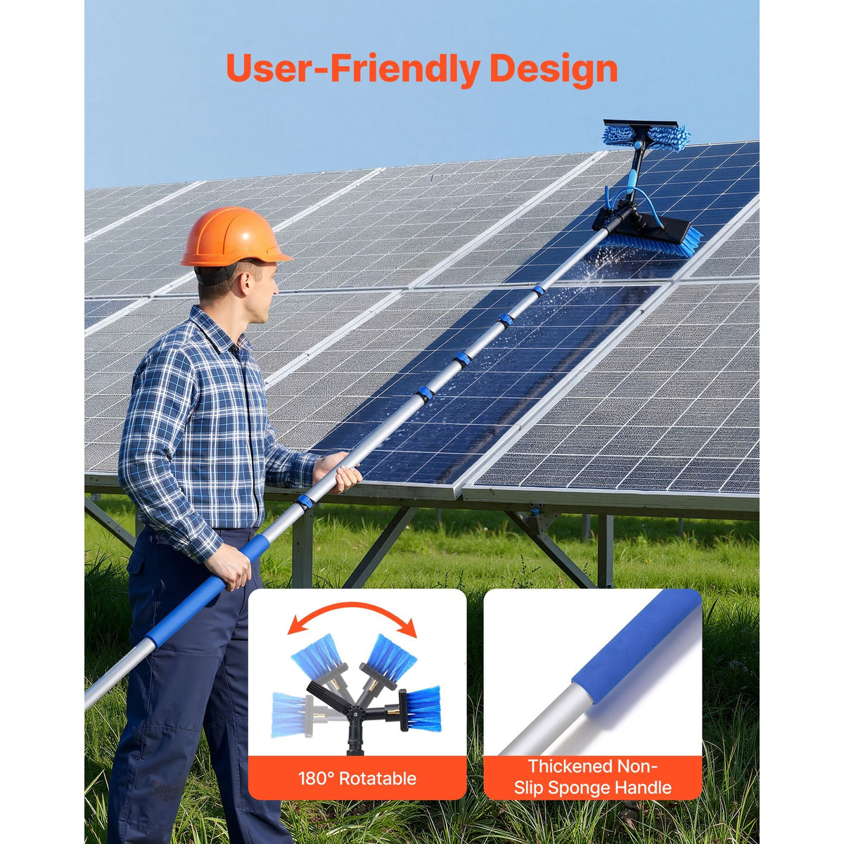 Solar Panel Cleaning Kit, 33 ft, Water Fed Pole Kit with Cleaning Brush, Soap Dispenser, Extendable Aluminum Telescopic Pole, 180° Rotatable Brush Head, for Roof Mounted Solar Panels, Windows
