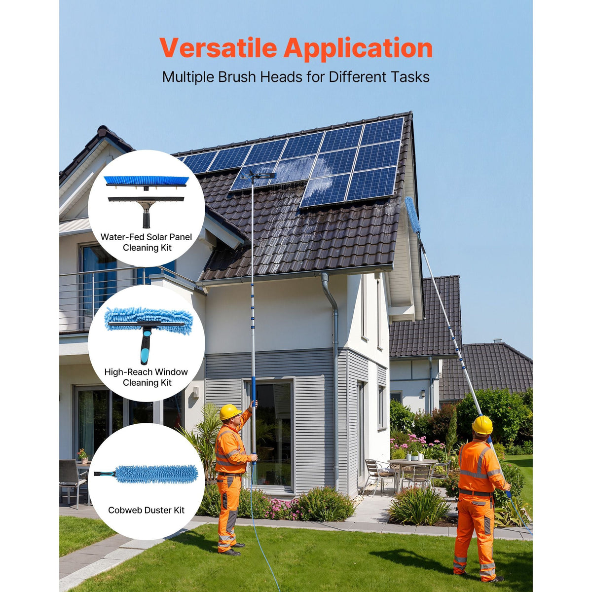 Solar Panel Cleaning Kit, 33 ft, Water Fed Pole Kit with Cleaning Brush, Squeegee, Soap Dispenser, Extendable Aluminum Telescopic Pole, 180° Rotatable Brush Head, for Roof Mounted Solar Panels
