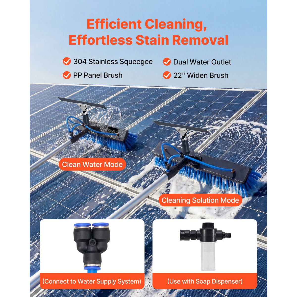 Solar Panel Cleaning Kit, 33 ft, Water Fed Pole Kit with Cleaning Brush, Squeegee, Soap Dispenser, Extendable Aluminum Telescopic Pole, 180° Rotatable Brush Head, for Roof Mounted Solar Panels
