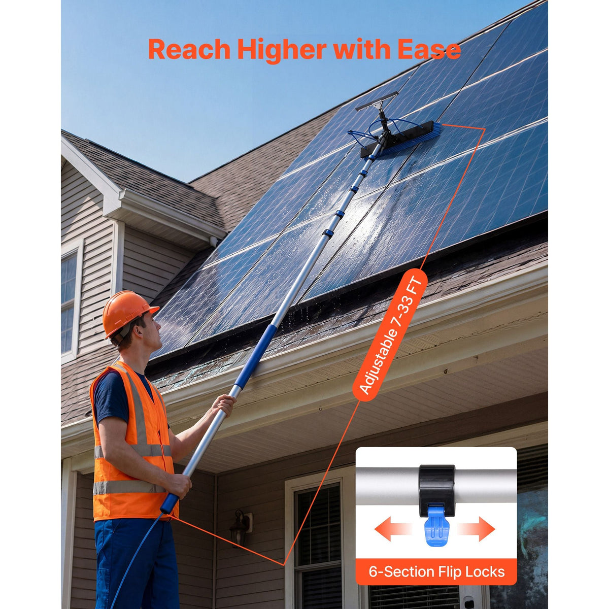 Solar Panel Cleaning Kit, 33 ft, Water Fed Pole Kit with Cleaning Brush, Squeegee, Soap Dispenser, Extendable Aluminum Telescopic Pole, 180° Rotatable Brush Head, for Roof Mounted Solar Panels