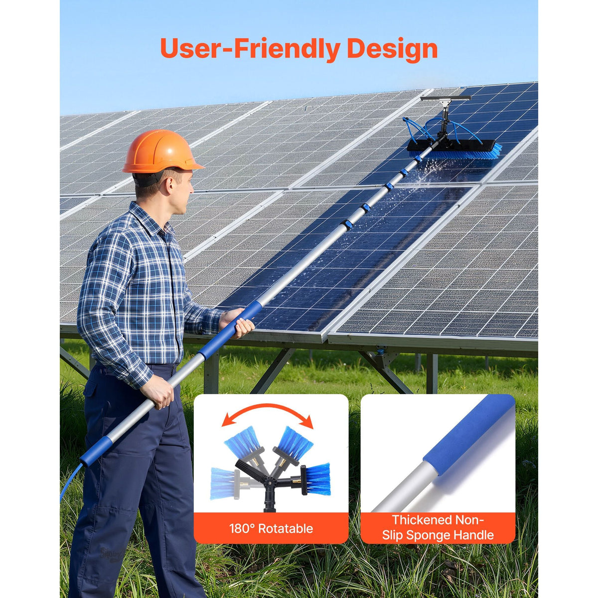 Solar Panel Cleaning Kit, 33 ft, Water Fed Pole Kit with Cleaning Brush, Squeegee, Soap Dispenser, Extendable Aluminum Telescopic Pole, 180° Rotatable Brush Head, for Roof Mounted Solar Panels