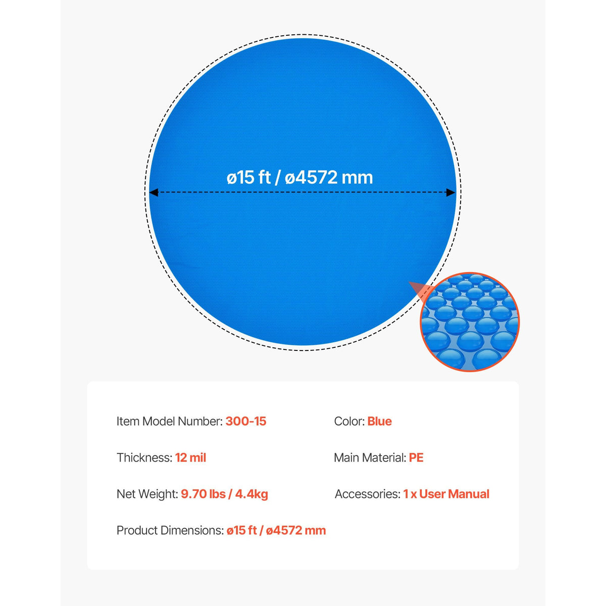 Solar Pool Cover, 15 ft Round Pool Bubble Cover, 12 Mil Pools Solar Blanket with Bubble & PE Material, Daytime Heat Absorption, Nighttime Heat Retention, Heat Retaining Solars Covers, Blue