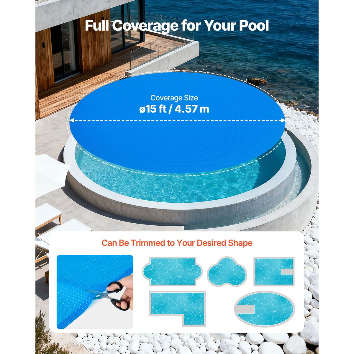 Solar Pool Cover, 15 ft Round Pool Bubble Cover, 12 Mil Pools Solar Blanket with Bubble & PE Material, Daytime Heat Absorption, Nighttime Heat Retention, Heat Retaining Solars Covers, Blue