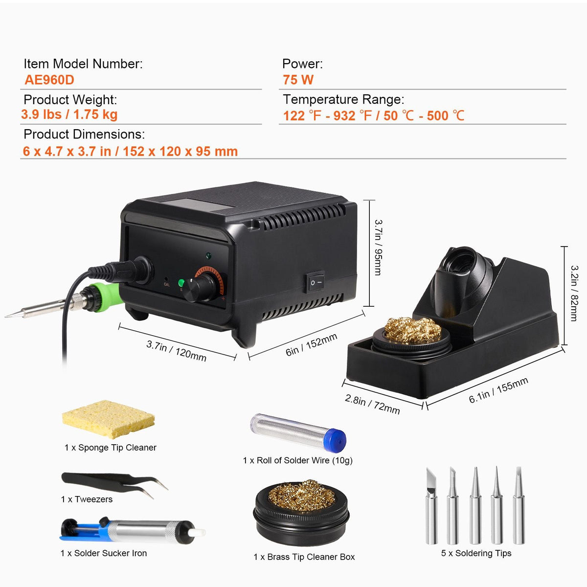 Soldering Iron Station, 75W Digital Display Soldering Station Kit, 122 - 932 F Temp Control & Built-in Transformer, Auto Standby & Sleep Mode, with 5 Soldering Tips, 10g Solder Wire, Tweezers