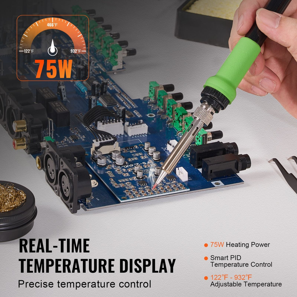 Soldering Iron Station, 75W Digital Display Soldering Station Kit, 122 - 932 F Temp Control & Built-in Transformer, Auto Standby & Sleep Mode, with 5 Soldering Tips, 10g Solder Wire, Tweezers