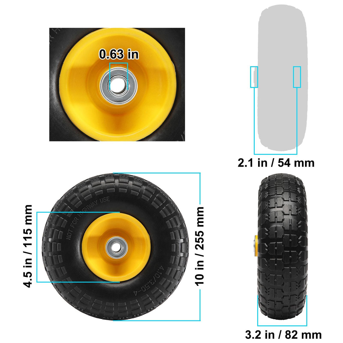 Solid PU Run-Flat Tire Wheel, 10", 2-Pack, 400 lbs Dynamic Load, 450 lbs Static Load, Flat Free Tubeless Tires and Wheels for Hand Truck, Utility Cart, Dollies, Garden Trailers, Various Carts