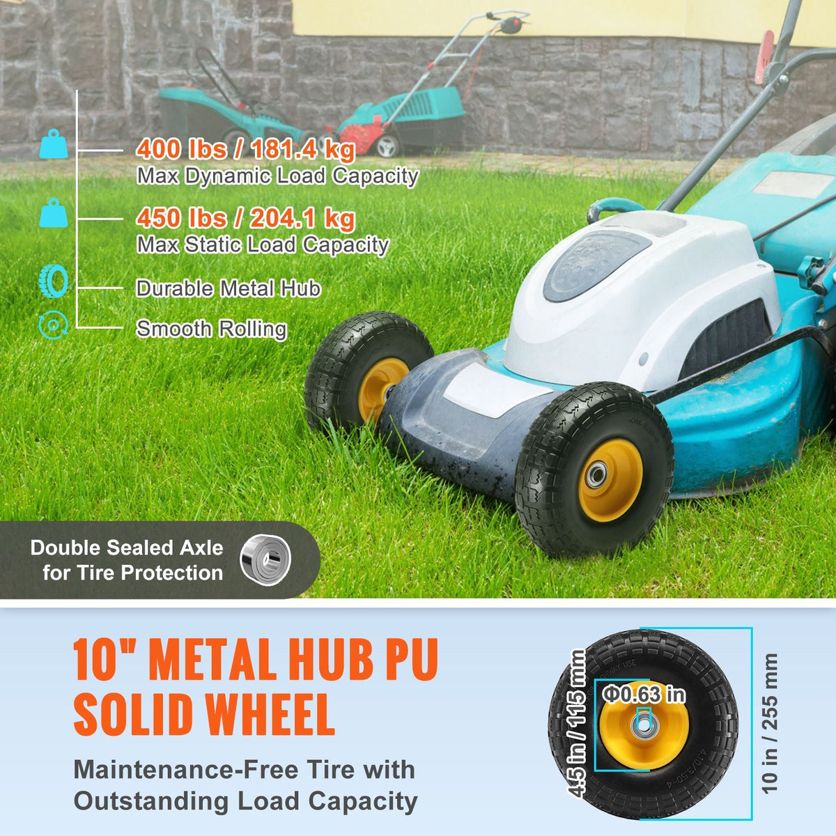 Solid PU Run-Flat Tire Wheel, 10", 2-Pack, 400 lbs Dynamic Load, 450 lbs Static Load, Flat Free Tubeless Tires and Wheels for Hand Truck, Utility Cart, Dollies, Garden Trailers, Various Carts