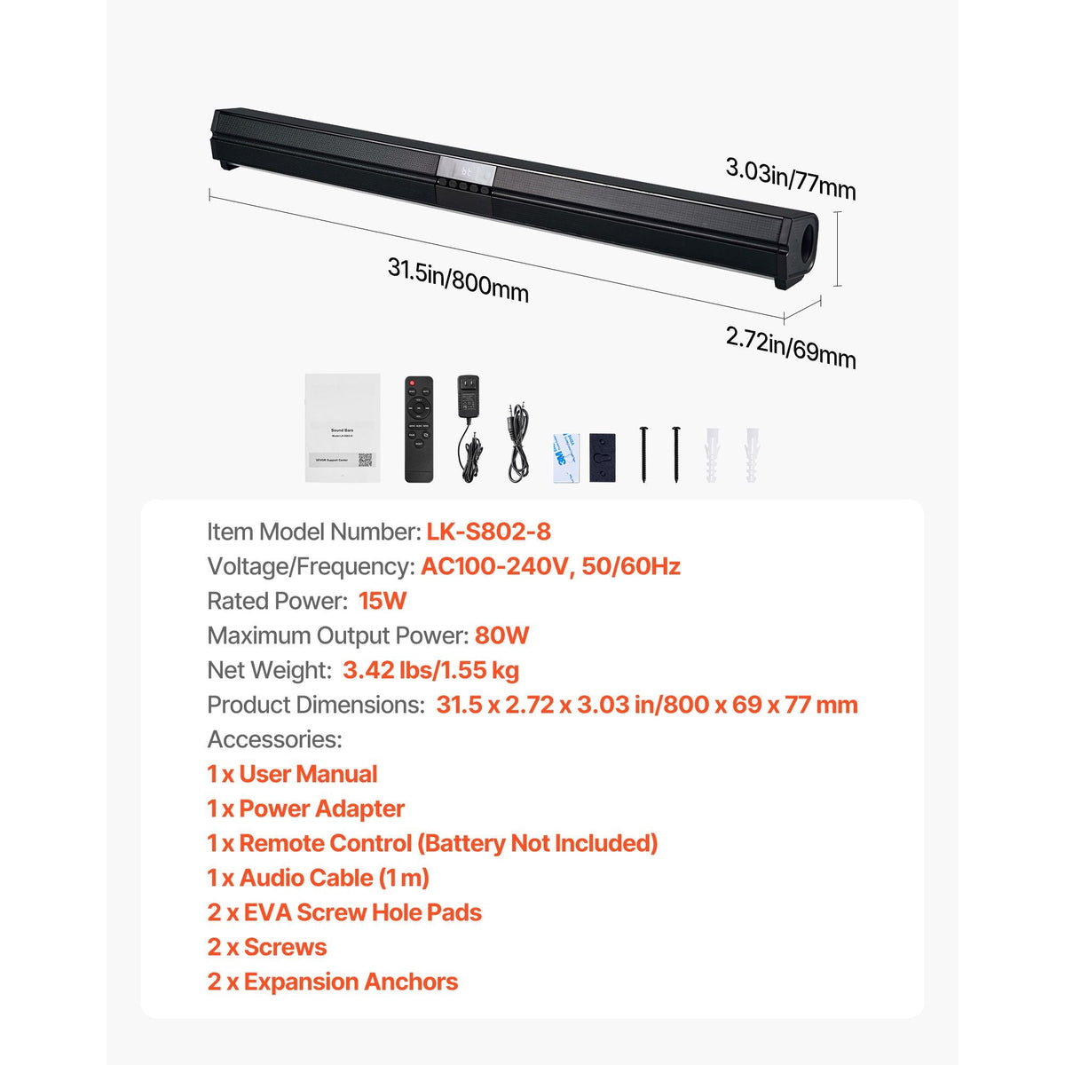 Sound Bar for Smart TV, 2.0 Channel, 32-Inch Compact Soundbar TV Speakers for Projector, Bluetooth AUX Connection, Remote Control, Easy Setup, 80W Surround Sound System for PC Home Theater Audio