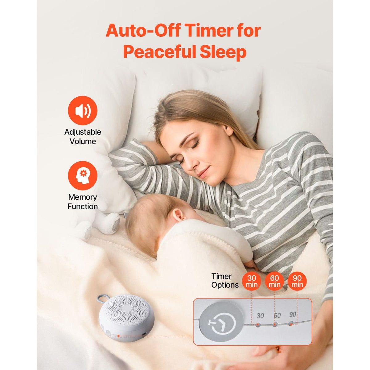 Sound Machine, 20 Soothing Sleep Sounds, 4-in-1 Hangable White Noise Sound Machine with Auto-Off Timer, Soft Ring Light, Memory Function and Child Lock, for Baby, Adults, Home, Office & Travel