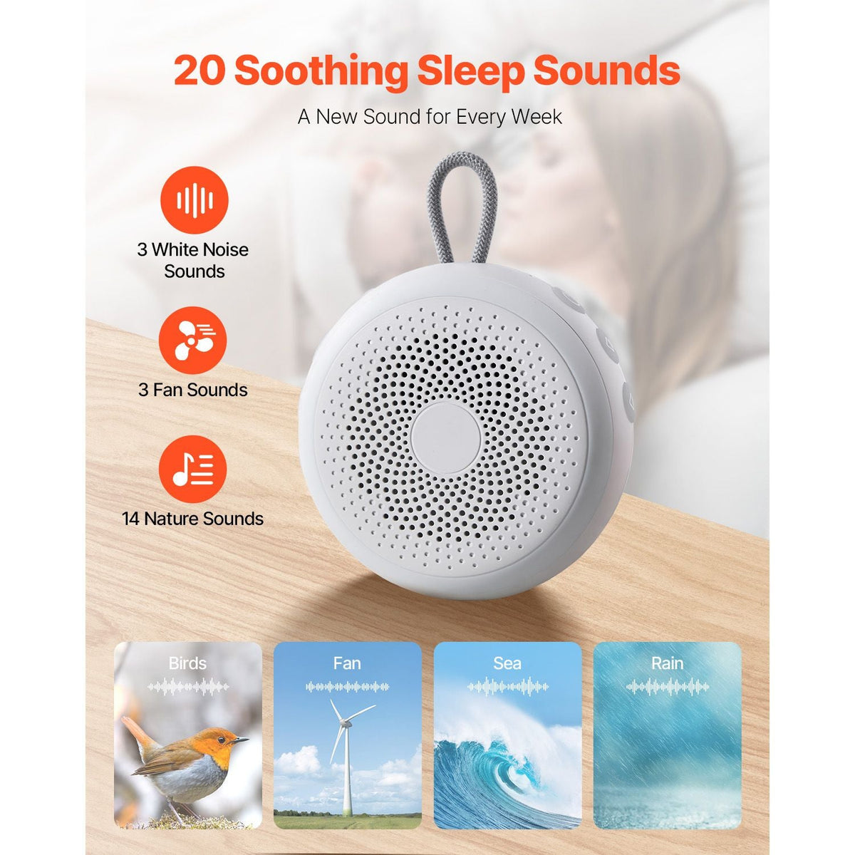 Sound Machine, 20 Soothing Sleep Sounds, 4-in-1 Hangable White Noise Sound Machine with Auto-Off Timer, Soft Ring Light, Memory Function and Child Lock, for Baby, Adults, Home, Office & Travel
