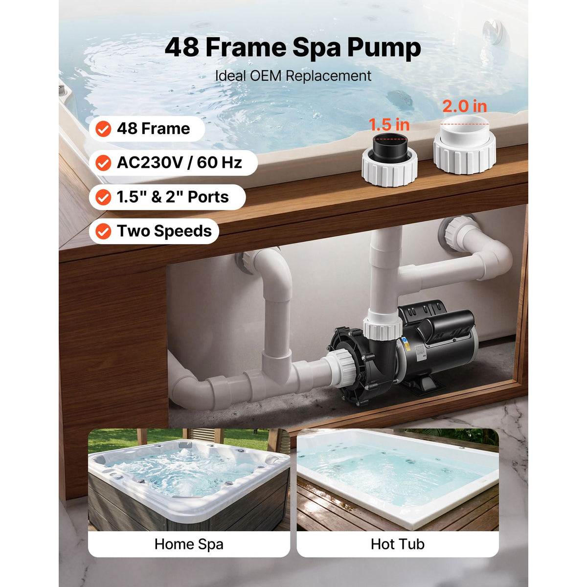 SPA Pump 2.5HP Hot Tub Pump 2 Speed 48 Frame with 1.5" & 2" Port, 230V, 175 GPM High Speed & 66 GPM Low Speed, 90° Rotational Interface, SPA Bath Water Circulation, Compatible with OEM Models