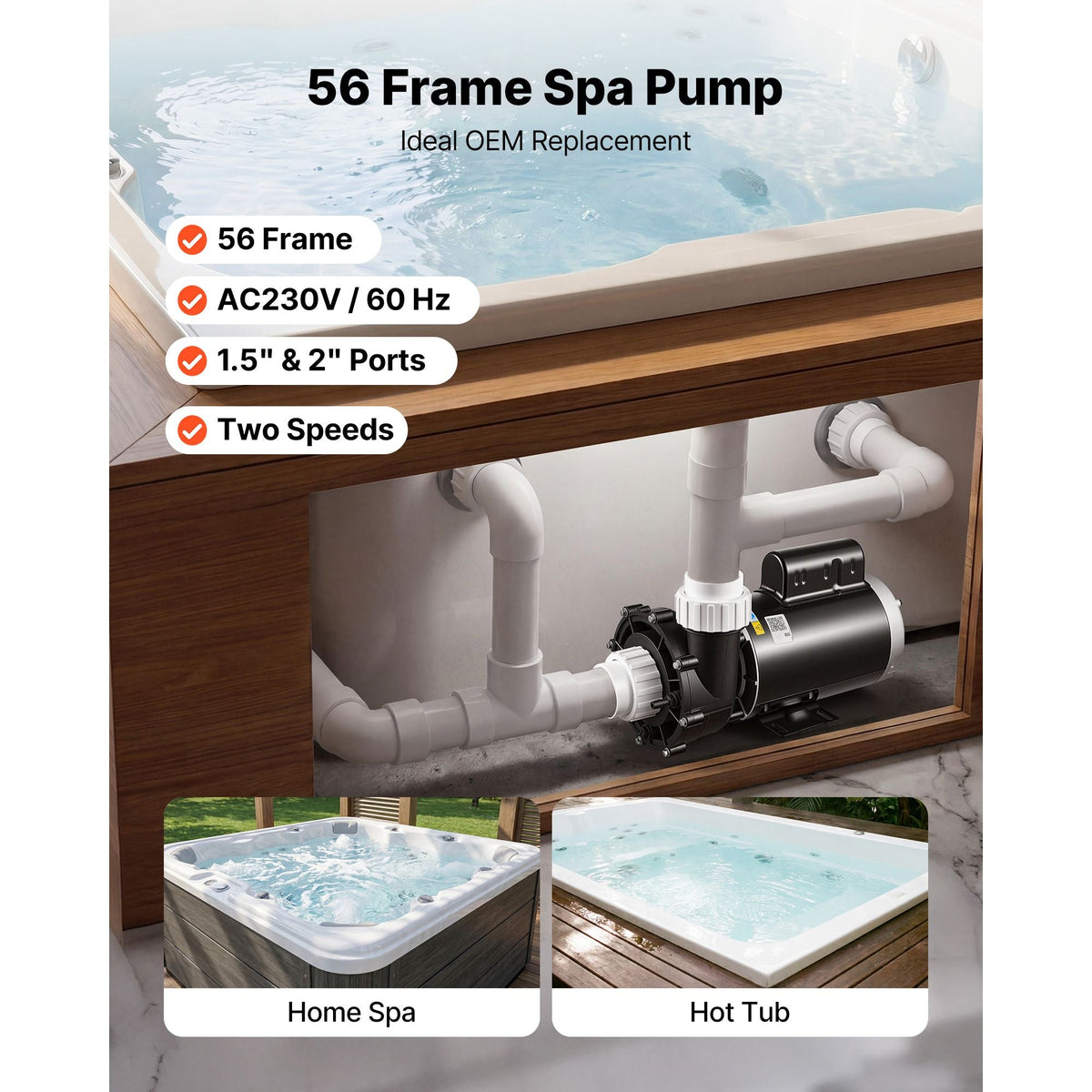 SPA Pump 2HP Hot Tub Pump 2 Speed 56 Frame with 1.5" & 2" Port, 230V, 168 GPM High Speed & 68 GPM Low Speed, 90° Rotational Interface, SPA Bath Water Circulation, Compatible with OEM Models