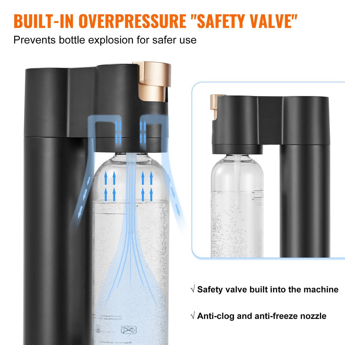 Sparkling Water Maker, Soda Maker Machine for Home Carbonating, Seltzer Water Starter Kit with 2 BPA-free 1L PET Bottles, Compatible with Mainstream Screw-in 60L CO2 Cylinder(NOT Included) Black