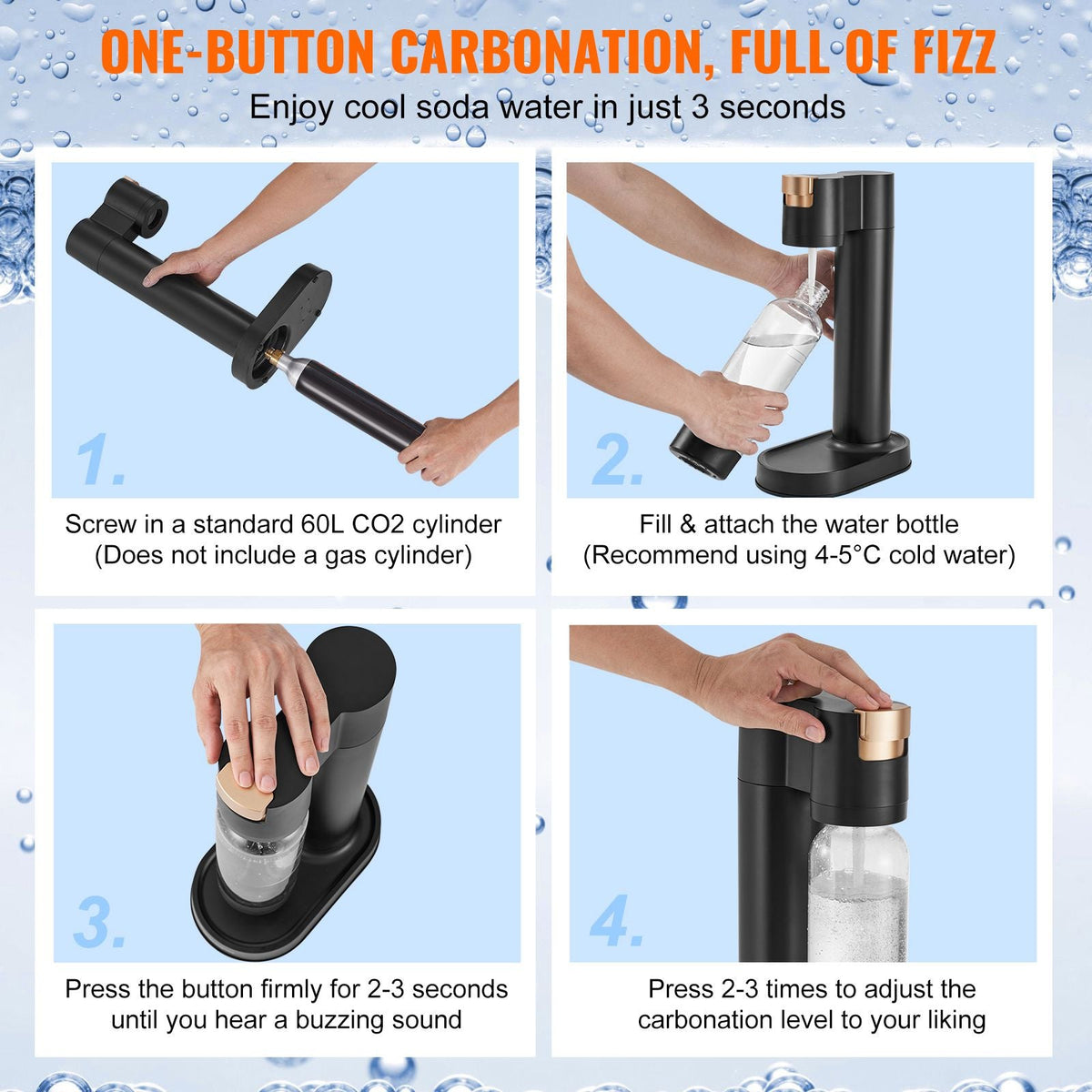 Sparkling Water Maker, Soda Maker Machine for Home Carbonating, Seltzer Water Starter Kit with 2 BPA-free 1L PET Bottles, Compatible with Mainstream Screw-in 60L CO2 Cylinder(NOT Included) Black