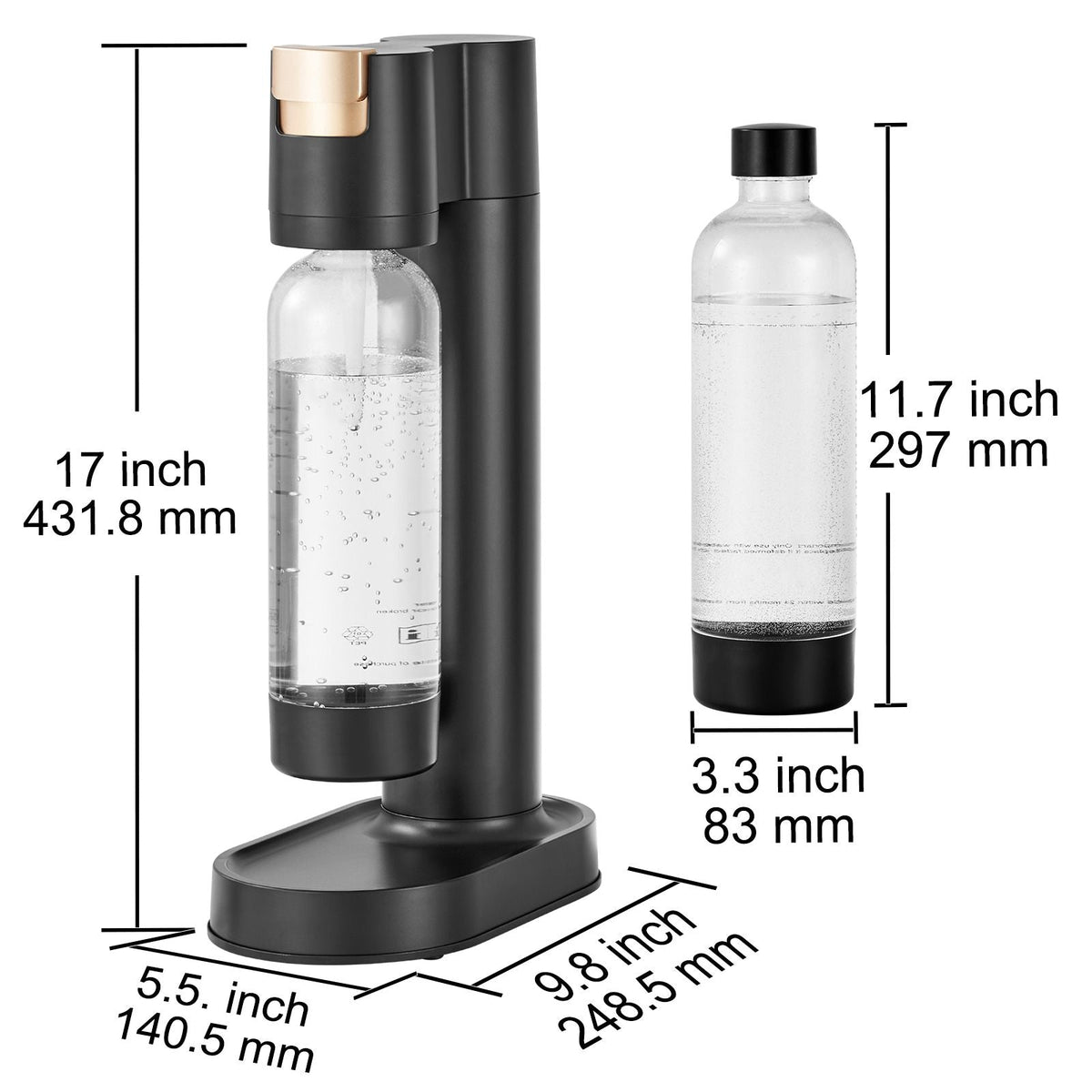 Sparkling Water Maker, Soda Maker Machine for Home Carbonating, Seltzer Water Starter Kit with 2 BPA-free 1L PET Bottles, Compatible with Mainstream Screw-in 60L CO2 Cylinder(NOT Included) Black