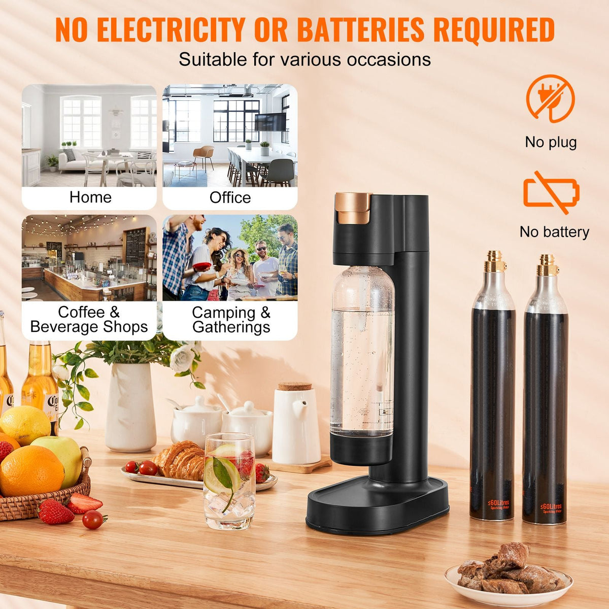 Sparkling Water Maker, Soda Maker Machine for Home Carbonating, Seltzer Water Starter Kit with BPA-free 1L PET Bottle, 2 CO2 Cylinders, Compatible with Mainstream Screw-in 60L CO2 Cylinder