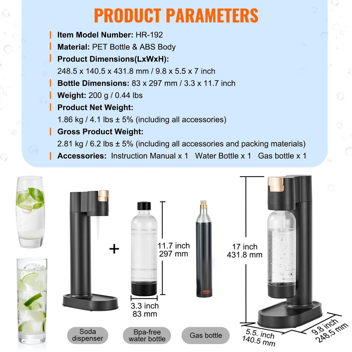 Sparkling Water Maker, Soda Maker Machine for Home Carbonating, Seltzer Water Starter Kit with BPA-free 1L PET Bottle, CO2 Cylinder, Compatible with Mainstream Screw-in 60L CO2 Cylinder