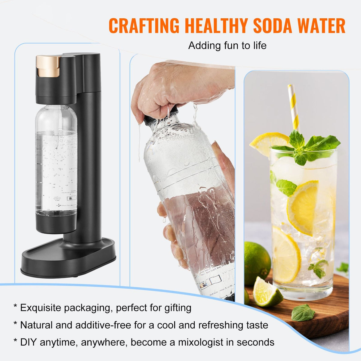 Sparkling Water Maker, Soda Maker Machine for Home Carbonating, Seltzer Water Starter Kit with BPA free 1L PET Bottle, Compatible with Mainstream Screw-in 60L CO2 Cylinder(NOT Included), Black