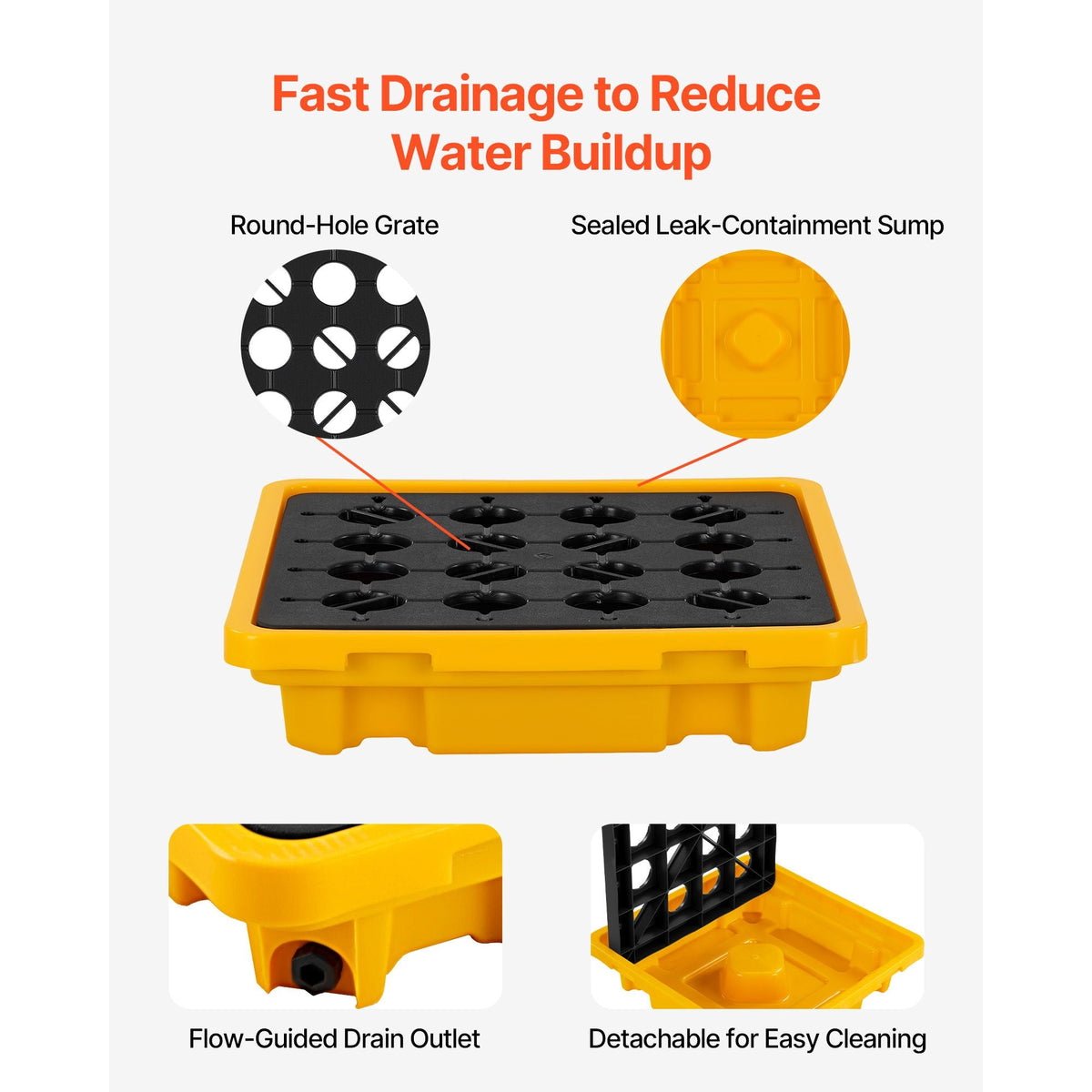 Spill Containment Pallet, 1 Drum Low Profile Spill Containment Modular Platform, 11.4 Gallon Sump, 1543 lbs Load Capacity, Heavy-Duty Polyethylene Tray with Drain, 26.4" x 26.6" x 5.9", Yellow