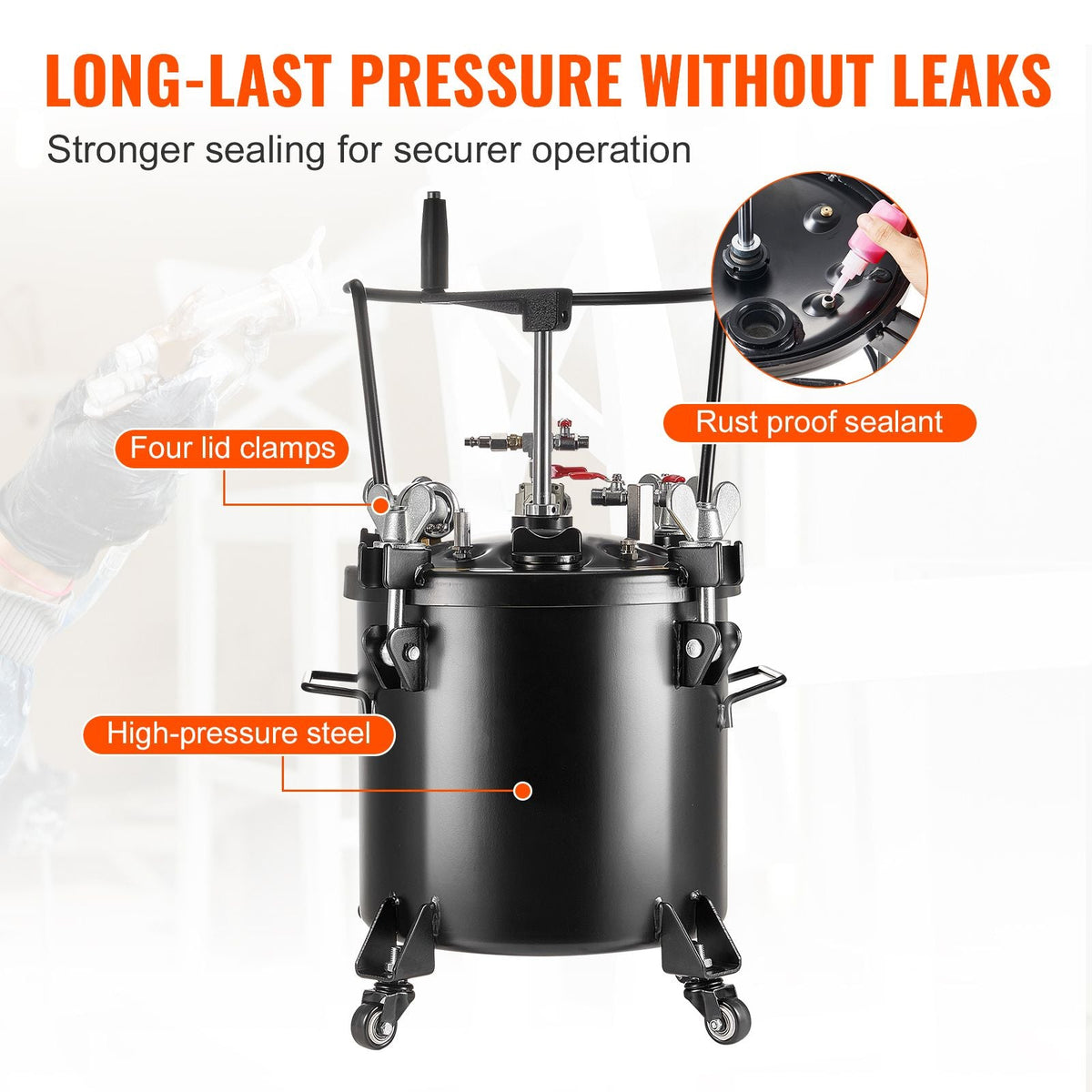 Spray Paint Pressure Pot, 20L/5gal Pressure Pot Tank, 70 psi Adjustale Pressure, Steel Pressure Pot Paint Tank with Casters and Leak Repair Sealant, for Home Decor and Industry Painting