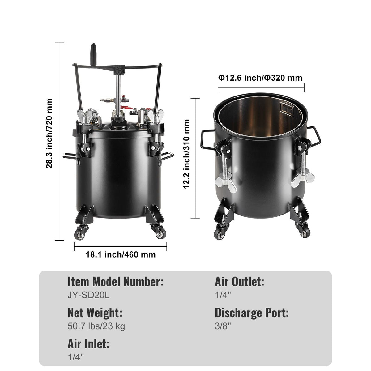 Spray Paint Pressure Pot, 20L/5gal Pressure Pot Tank, 70 psi Adjustale Pressure, Steel Pressure Pot Paint Tank with Casters and Leak Repair Sealant, for Home Decor and Industry Painting