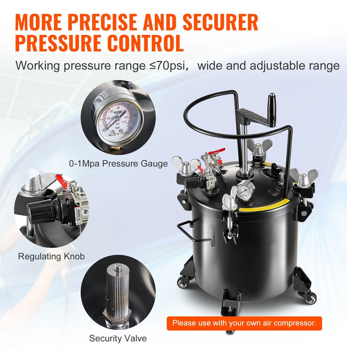 Spray Paint Pressure Pot, 20L/5gal Pressure Pot Tank, 70 psi Adjustale Pressure, Steel Pressure Pot Paint Tank with Casters and Leak Repair Sealant, for Home Decor and Industry Painting