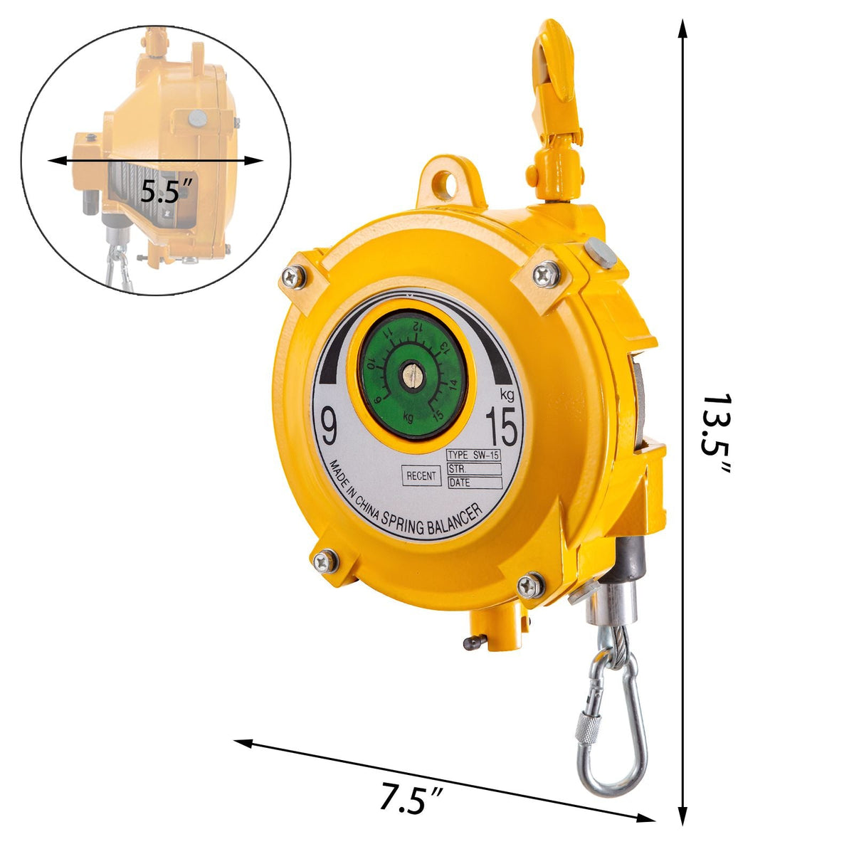 Spring Balancer 20-33lbs(9-15kg) Retractable Tool Holder 1.5m Length Tool Balancer with Hook and Wire Rope Adjustable Balancer Retractor Hanging Holding Equipment in Yellow