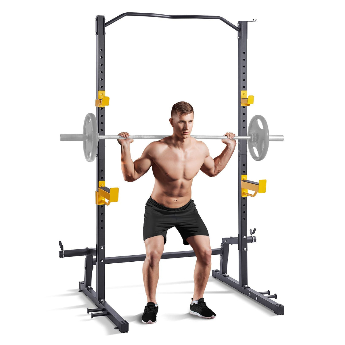 Squat Stand Power Rack, Multi-Functional Power Rack with Pull up Bar, Hook, and Weight Plate Storage Attachment, Adjustable Power Rack Cage, Steel Exercise Squat Stand for Home Gym Equipment