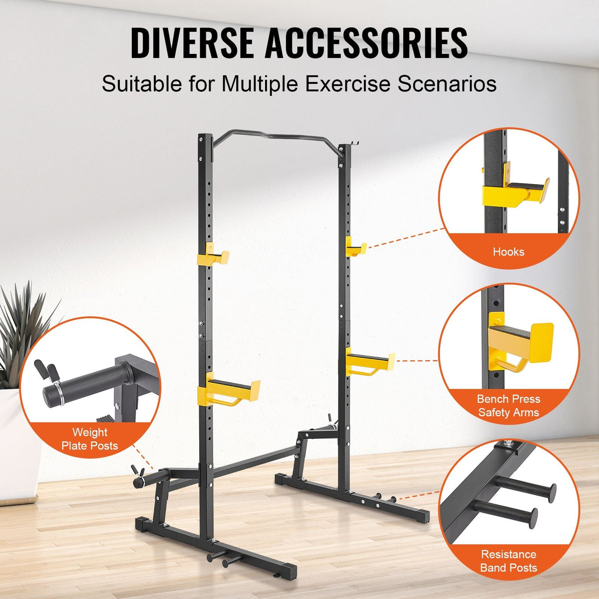 Squat Stand Power Rack, Multi-Functional Power Rack with Pull up Bar, Hook, and Weight Plate Storage Attachment, Adjustable Power Rack Cage, Steel Exercise Squat Stand for Home Gym Equipment