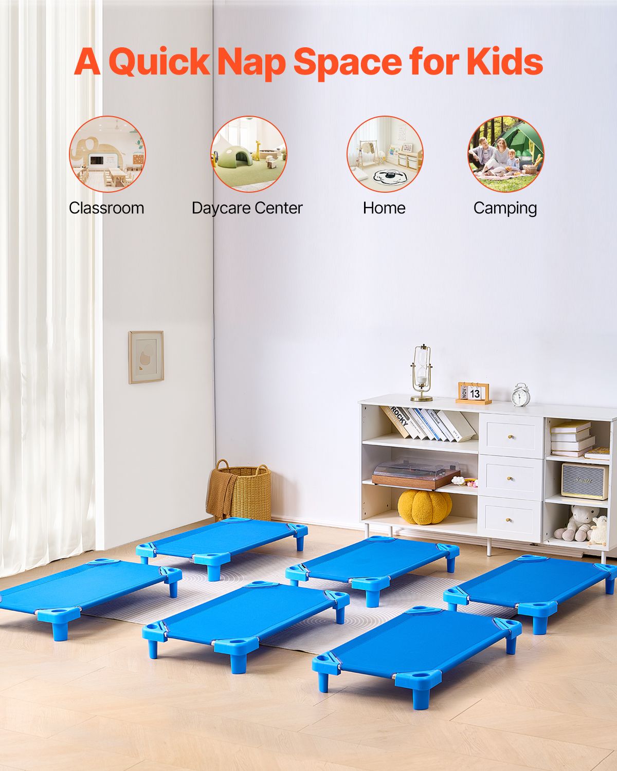 Stackable Kiddie Cot, Pack of 6, Portable Toddler Nap Cots, Standard Size 40" L x 23" W Daycare Cots for Kids, Preschool Classroom Daycare Beds for Sleeping, Resting, Naptime, Blue