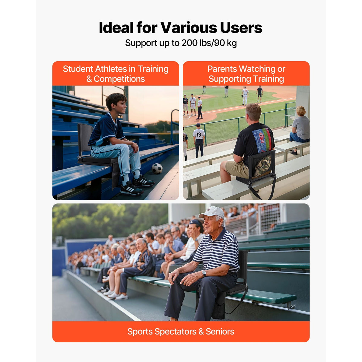 Stadium Seat, Folding Bleacher Seat with Back Support and Thick Cushion, Padded Stadium Seats for Bleacher Includes Shoulder Strap, Hooks, Cup Holder, and Side Pocket, Black Bleachers Chair