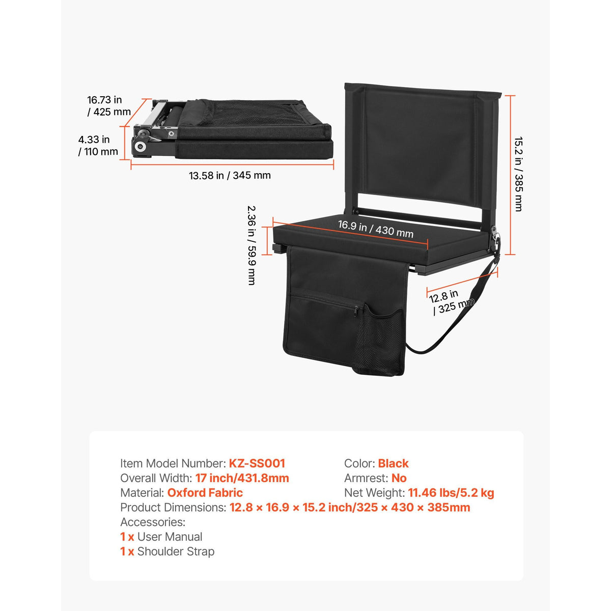 Stadium Seat, Folding Bleacher Seat with Back Support and Thick Cushion, Padded Stadium Seats for Bleacher Includes Shoulder Strap, Hooks, Cup Holder, and Side Pocket, Black Bleachers Chair