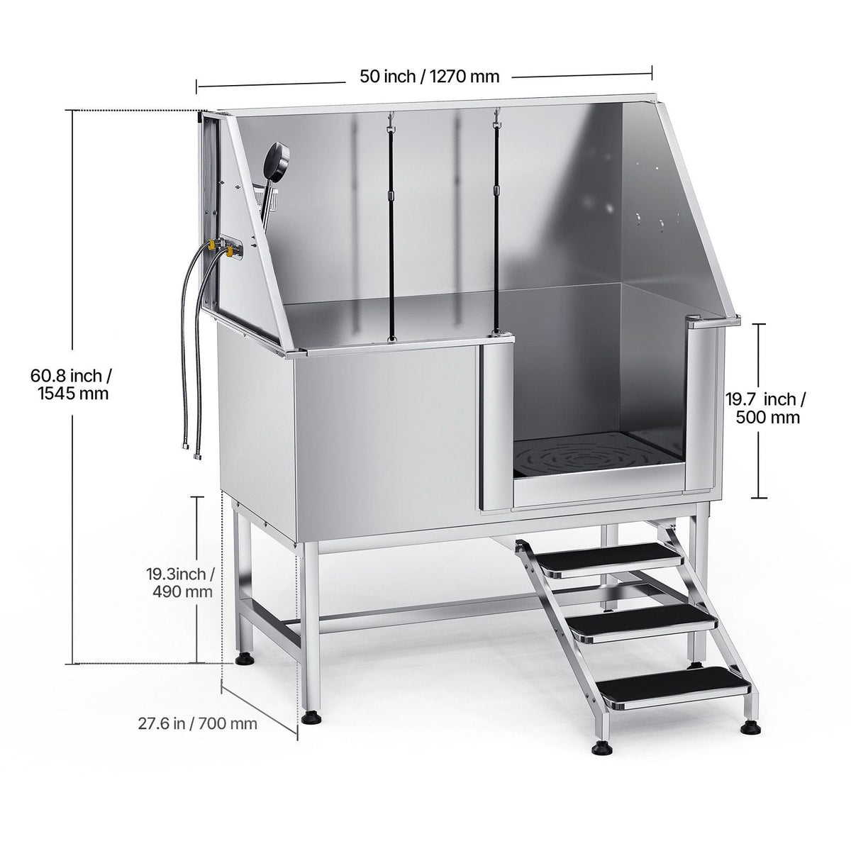 Stainless Steel Dog Washing Station 50 Inch Pet Grooming Tub with Low-Slope Non-Slip Stairs, Hot & Cold Faucet, Showerhead, Home Wash Sink, Fits Medium and Large Pets (Right Door)