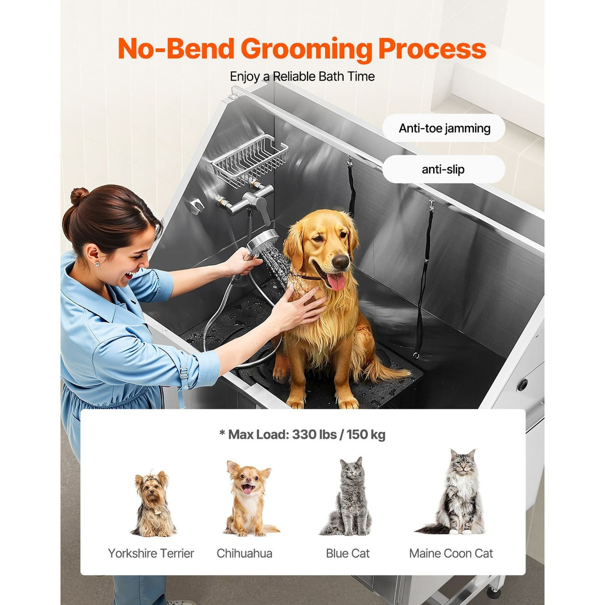 Stainless Steel Dog Washing Station 50 Inch Pet Grooming Tub with Low-Slope Non-Slip Stairs, Hot & Cold Faucet, Showerhead, Home Wash Sink, Fits Medium and Large Pets (Right Door)