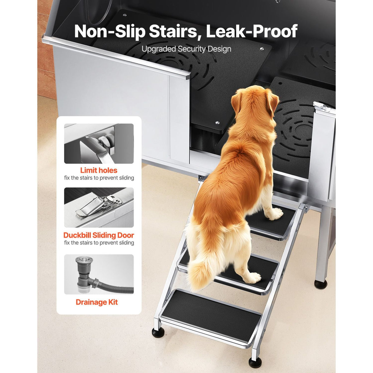 Stainless Steel Dog Washing Station 50 Inch Pet Grooming Tub with Low-Slope Non-Slip Stairs, Hot & Cold Faucet, Showerhead, Home Wash Sink, Fits Medium and Large Pets (Right Door)