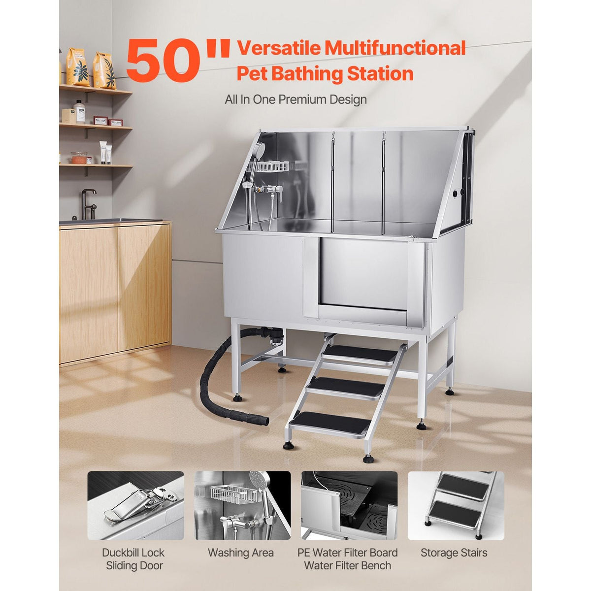 Stainless Steel Dog Washing Station 50 Inch Pet Grooming Tub with Low-Slope Non-Slip Stairs, Hot & Cold Faucet, Showerhead, Home Wash Sink, Fits Medium and Large Pets (Right Door)