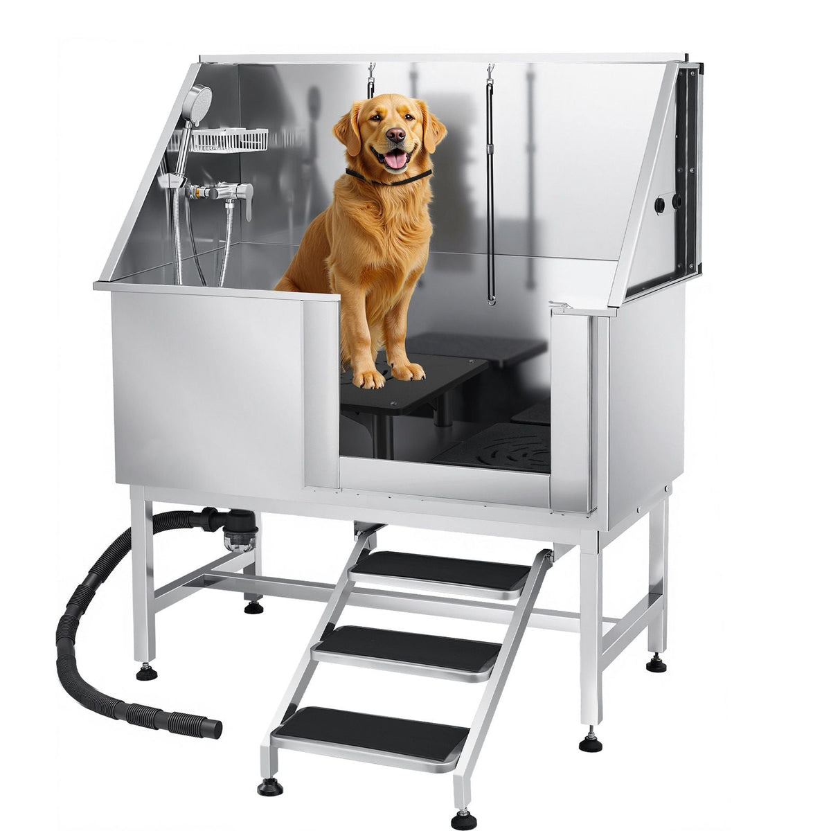 Stainless Steel Dog Washing Station 50 Inch Pet Grooming Tub with Low-Slope Non-Slip Stairs, Hot & Cold Faucet, Showerhead, Home Wash Sink, Fits Medium and Large Pets (Right Door)