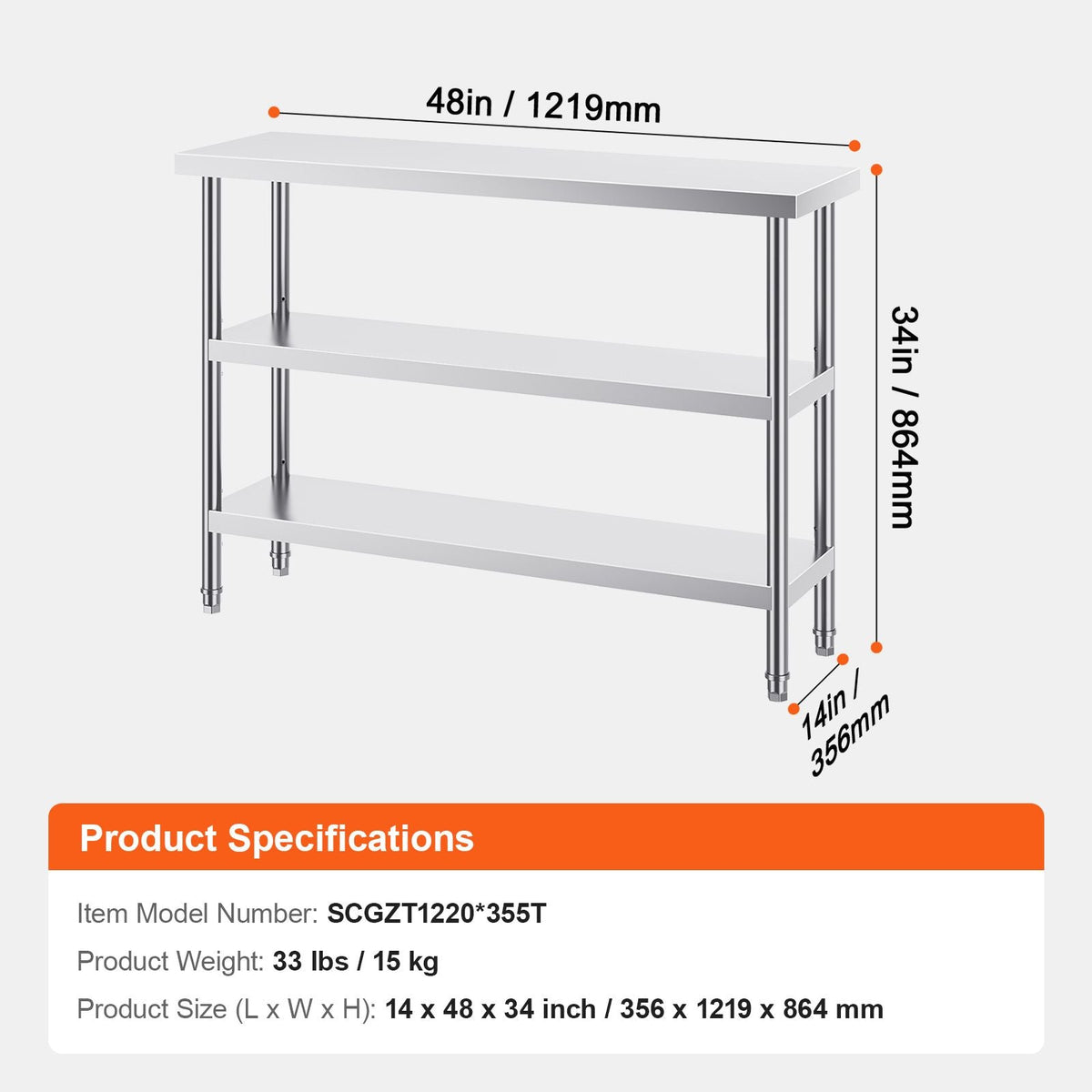 Stainless Steel Food Prep Table, 14 x 48 x 34 Inch Commercial Kitchen Worktable, with 2 Adjustable Undershelf, Heavy Duty Prep Table Metal Work Table for BBQ, Kitchen, Home, and Garage