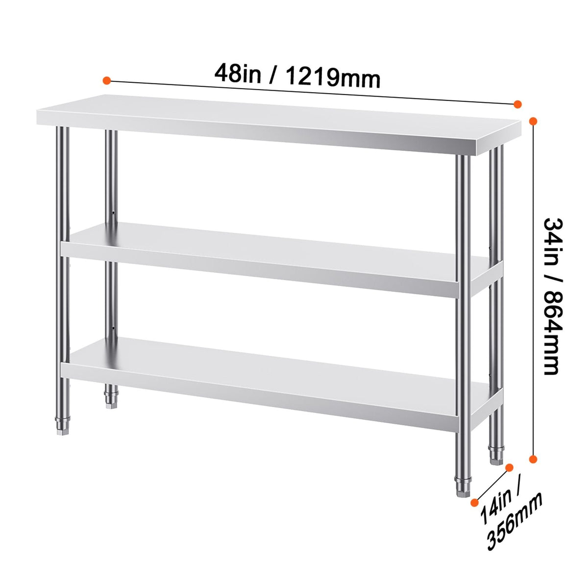 Stainless Steel Food Prep Table, 14 x 48 x 34 Inch Commercial Kitchen Worktable, with 2 Adjustable Undershelf, Heavy Duty Prep Table Metal Work Table for BBQ, Kitchen, Home, and Garage