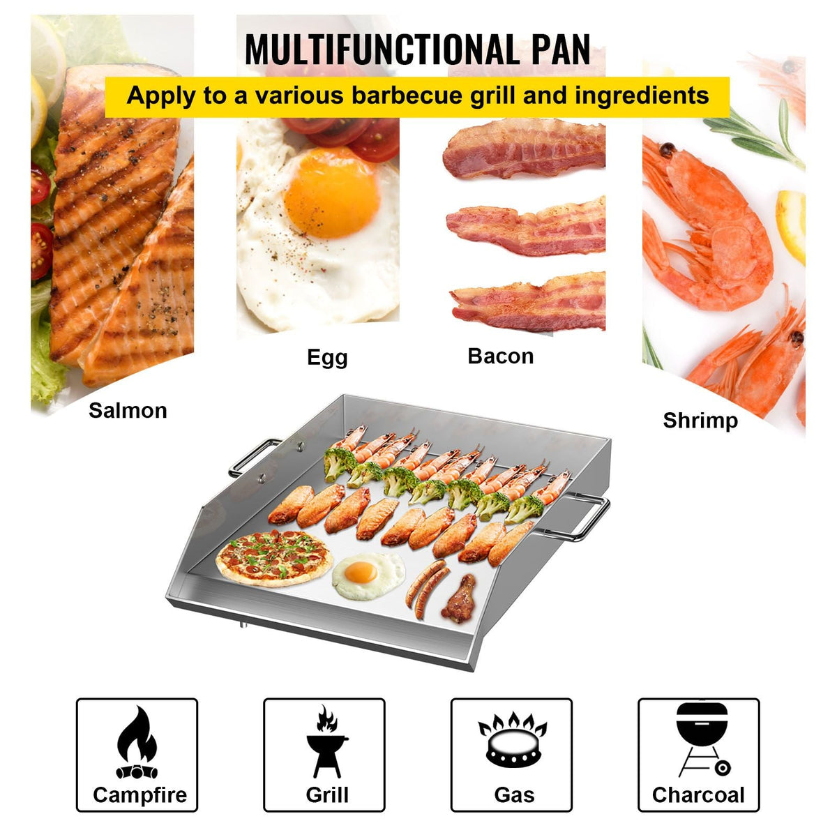 Stainless Steel Griddle,18" X 16" Universal Flat Top Rectangular Plate, BBQ Charcoal/Gas Grill with 2 Handles and Grease Groove with Hole, Grills for Camping, Tailgating and Parties
