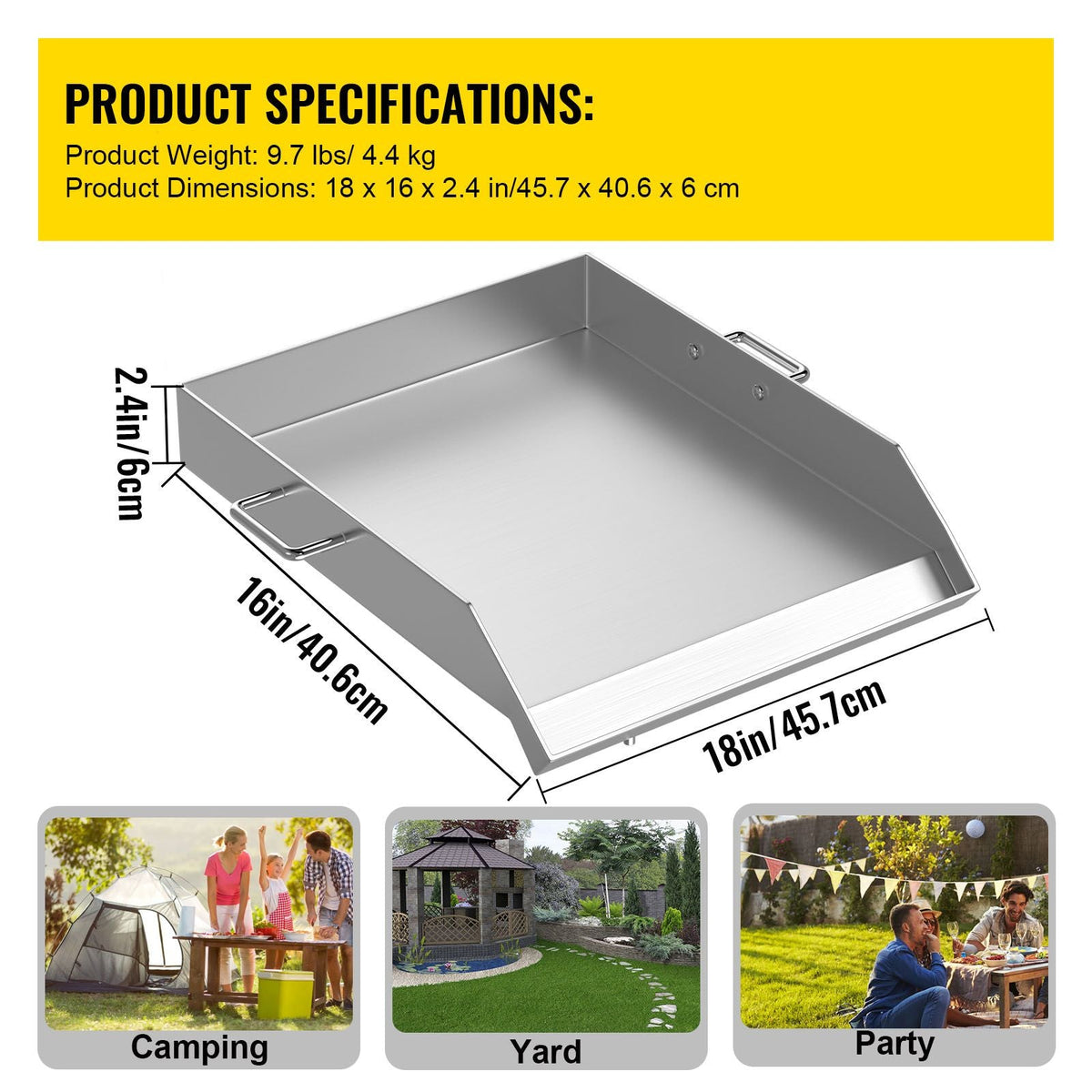 Stainless Steel Griddle,18" X 16" Universal Flat Top Rectangular Plate, BBQ Charcoal/Gas Grill with 2 Handles and Grease Groove with Hole, Grills for Camping, Tailgating and Parties