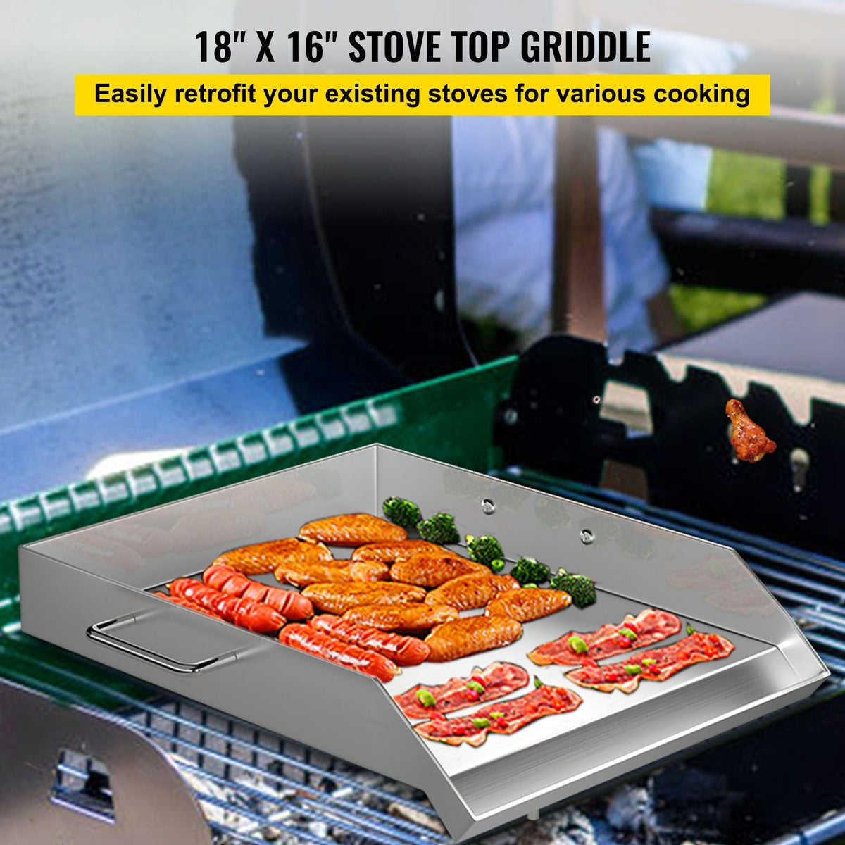 Stainless Steel Griddle,18" X 16" Universal Flat Top Rectangular Plate, BBQ Charcoal/Gas Grill with 2 Handles and Grease Groove with Hole, Grills for Camping, Tailgating and Parties