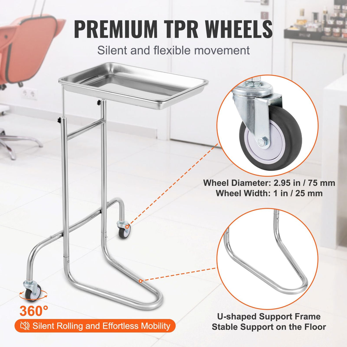 Stainless Steel Lab Carts, Lab Utility Cart with Single Tray, Mobile Medical Cart with 2 Silent Wheels, Lab Rolling Cart for Lab, Clinic, Hospital, Salon